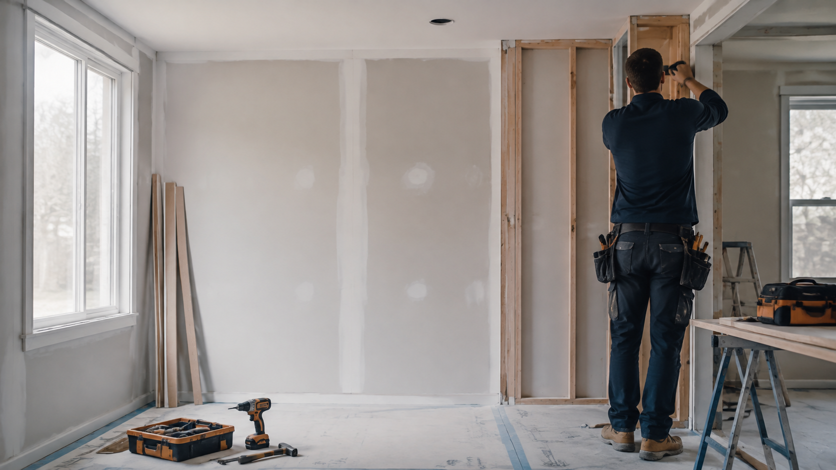 A tidy residential renovation workspace in progress
